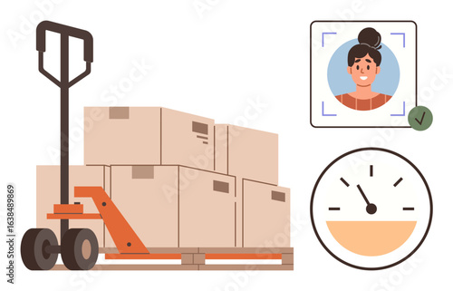 Hand trolley loaded with boxes, user face verification, and stopwatch symbolizing time management. Ideal for logistics, warehouse operations, delivery services, productivity tracking, e-commerce