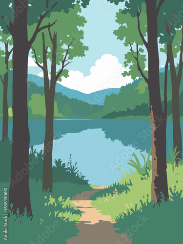 Haywards Heath – Beechwood Reservoir and tree-lined walk, palette: forest green, reservoir blue, bark brown, cloud white