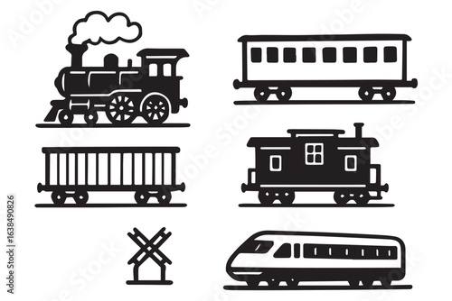 Train and railroad icons with steam locomotive, freight car, passenger coach, and monorail. Simple black and white vector illustrations.