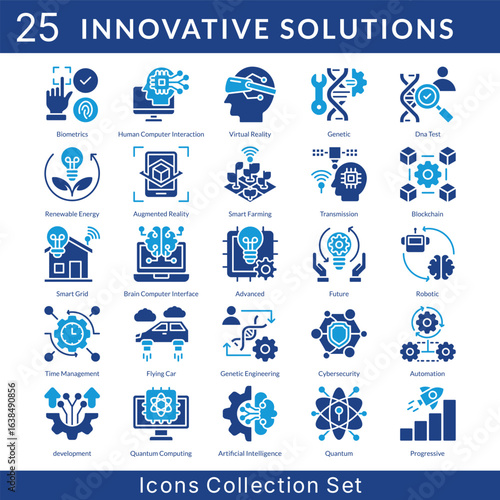 Innovative Solutions icon set collection in solid glyph style. an icon pack contain biometrics, human, computer, interaction, virtual reality, genetic, dna test, renewable energy, augmented reality