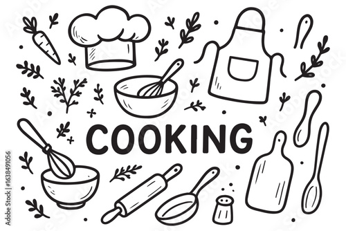 Cooking icons with whisk, rolling pin, cutting board, apron, and herbs. Fun line art design for kitchen and culinary enthusiasts.