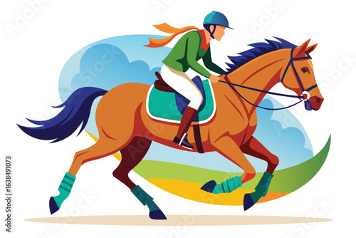 Equestrian Excellence A Horse and Rider Team Navigating a Vibrant Show Jumping Course with Skill and Precision in Perfect Harmony