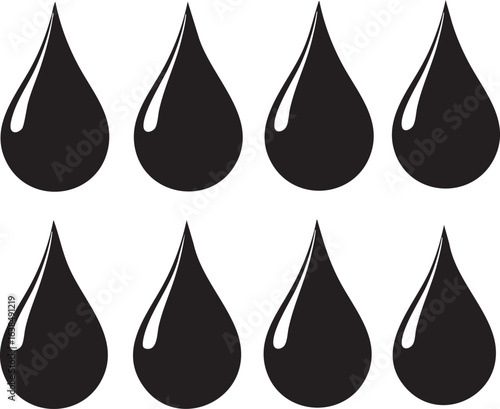 Eight black ink drops or liquid droplets on white background