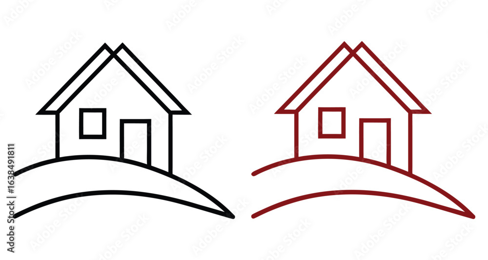 Fototapeta premium Minimalist Line Art House Icon on Hill Vector Illustration