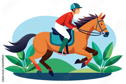 Equestrian Excellence A Horse and Rider Team Navigating a Vibrant Show Jumping Course with Skill and Precision in Perfect Harmony