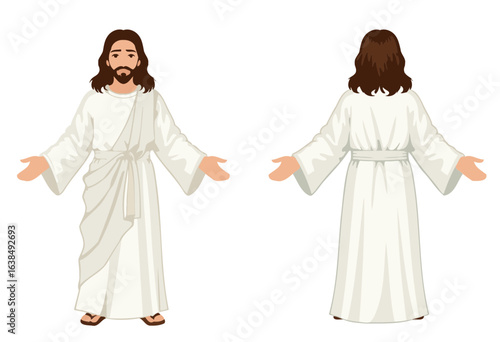 Vector illustration of Jesus Christ in white robe, front and back view, isolated on white background. Clean flat design, perfect for religious projects.

