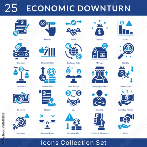 Economic Downturn icon set collection in solid glyph style. an icon pack contain reserve, trade, liquidity, crisis, car sales, domino effect, exchange rate, mortage, identify, imbalance