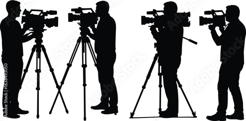 Camera operator silhouette set, video filming poses, tripod cameraman clipart, media production vector, broadcast icons, filmmaking illustration bundle