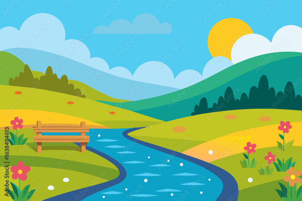 Fototapeta premium Summer landscape with green hills and a blue sky with clouds over mountains and a winding road