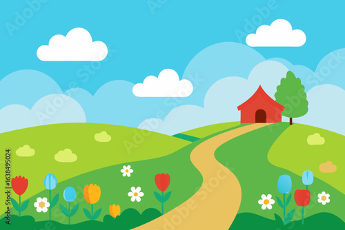 A cartoon rural landscape with a green meadow and a house under a sunny blue sky with fluffy clouds