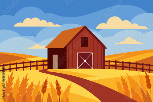 Abandoned rustic red barn sits in a green grassy field under a bright blue summer sky