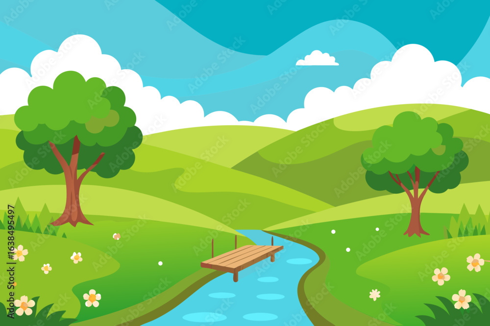 Fototapeta premium Vector summer landscape with green trees, grass, and mountains under a clear sky