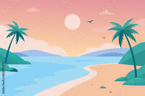 Tropical island beach with a lone palm tree on the white sand