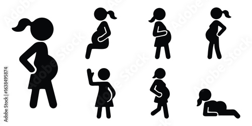 Silhouette stickman icons showing pregnant women in different poses and activities in minimal flat pictogram design