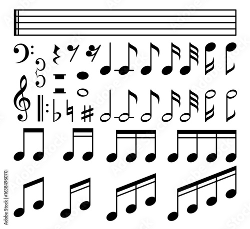 Music notes icon set featuring diverse note values, multiple clefs - bass, treble, alto - rests, and accidentals like sharps and flats, illustrating essential components of musical notation and theory