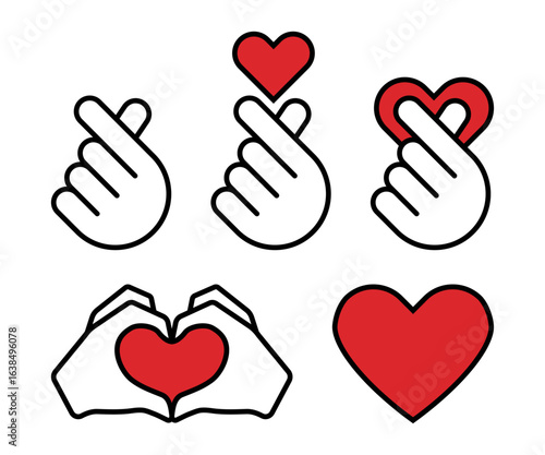 Hand heart gesture, Korean finger symbol, classic love sign expressing affection, care, and modern connection meanings. Vector illustration isolated on a white background in flat style.