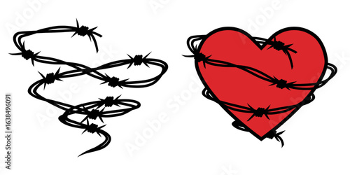 Heart wrapped in barbed wire. Gothic or punk love symbol, heartbreak concept. Valentines day dark aesthetic. Vector illustration isolated on a white background in flat style.
