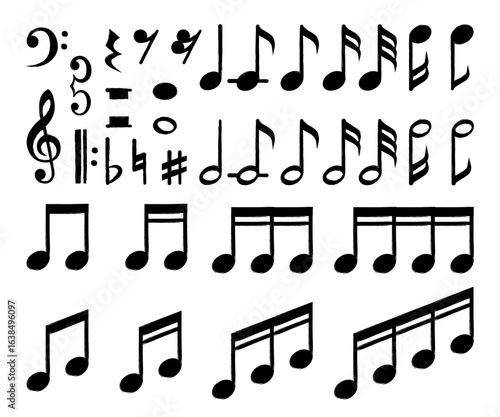 Music notes icon set featuring diverse note values, multiple clefs - bass, treble, alto - rests, and accidentals like sharps and flats, illustrating essential components of musical notation and theory