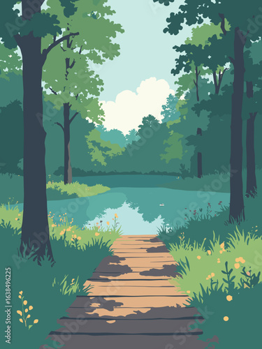Ruislip – Ruislip Woods glade and pond boardwalk, palette: fern green, boardwalk brown, pond teal, sky silver