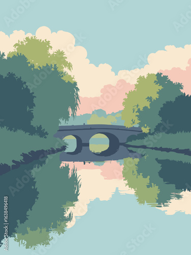 Saint Neots – Great Ouse riverside and weir with willows, palette: river blue, willow green, pebble gray, dawn pink