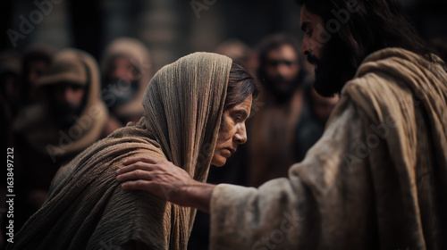 Jesus heals the woman bent for eighteen years—his hand rests on her back as she slowly straightens. The temple falls silent, and the crowd parts in reverent awe of the quiet miracle...
