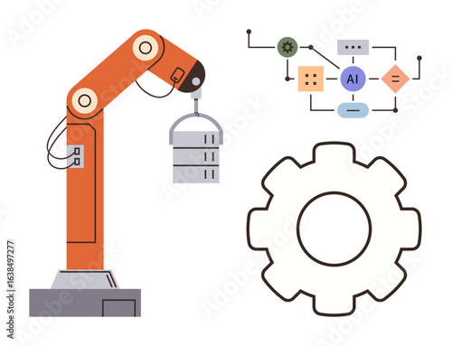 Robotic arm lifting a component, connected flowchart with AI processes, and gear element. Ideal for technology, AI, automation, data science industry 4.0 robotics and innovation concepts. Simple