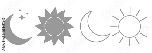 Sun and moon icon vector day and night icon set. dark and light mode icons contrast level signs and symbols for app user interface and web elements. Sun and night moon with stars editable stroke eps10