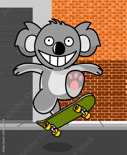 Illustration of a koala doing street skateboarding