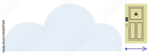 Yellow locked door with secure keypad linked to blue cloud via an arrow, representing cybersecurity, data privacy, digital safety, online access, encryption, cloud storage, simple flat metaphor