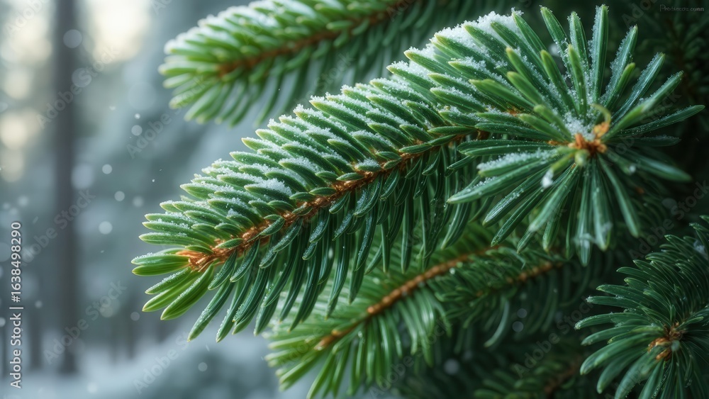A close-up of a green pine branch covered with frost and snowflakes in a snowy winter forest. Winter atmosphere A close-up of a green pine branch covered with frost and snowflakes in a snowy winter forest. Winter atmosphere