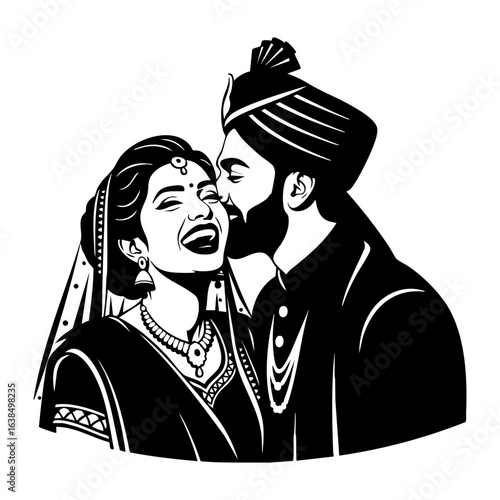 Minimal Hindu Wedding Groom Whispering Bride Laughing Vector Illustration