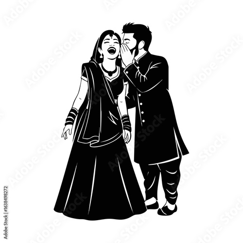 Minimal Hindu Wedding Groom Whispering Bride Laughing Vector Illustration