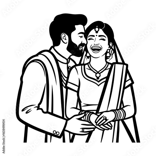 Minimal Hindu Wedding Groom Whispering Bride Laughing Vector Illustration