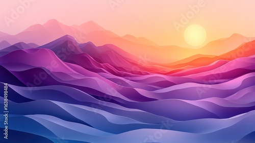 Abstract Wavy Mountains at Sunrise in Purple Pink Hues, Blue to Red Gradient Background with Soft Glow for Poster Design