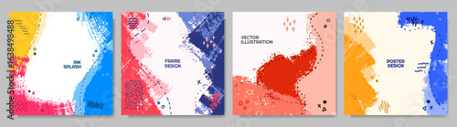 Vector illustration. Bright background. Paint brush strokes and hand drawn doodle elements. Trendy abstract color design for social media, blog post, web banner. Colorful childish style frame for text