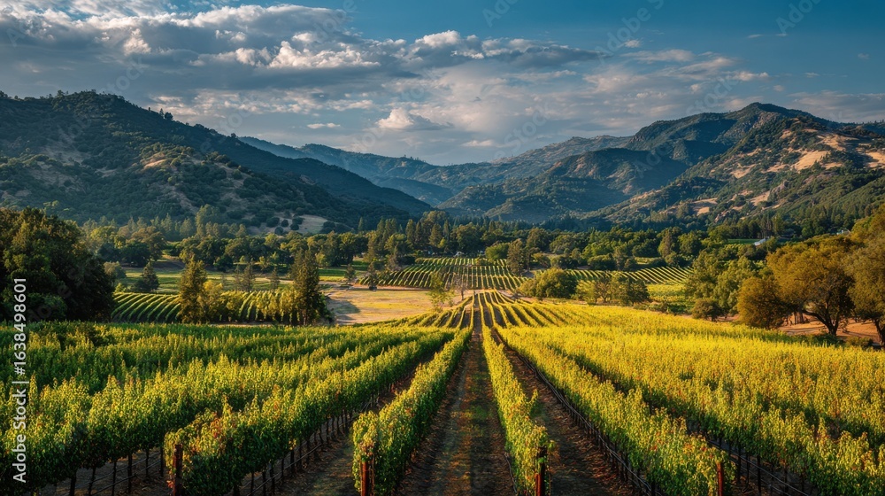 Fototapeta premium A picturesque vineyard in the Napa Valley with rows of grapevines and rolling hills.