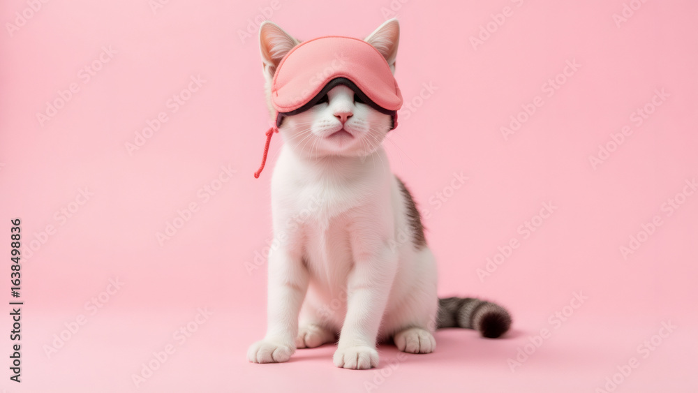 Fototapeta premium Sleepy cat wearing pink eye mask against pink background