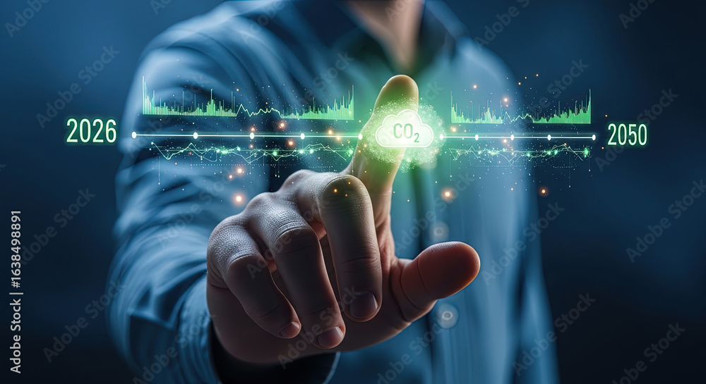 Fototapeta premium Reducing CO2 Emissions: A Vision for 2050. Hand Touching Digital CO2 Cloud, Graph Showing Emission Reduction Targets, Sustainable Future Concept