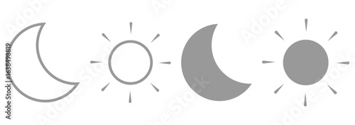 Sun moon vector icon set, day and night sign, dark and light mode icon, shining sun aand crescent noon, screen brightness icon, vector illustration. Sun and moon icons set eps 10