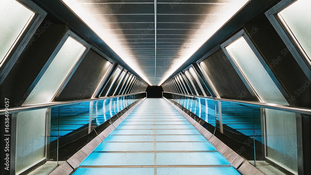 Fototapeta premium Futuristic tunnel, converging perspective, glowing blue floor, symmetrical design