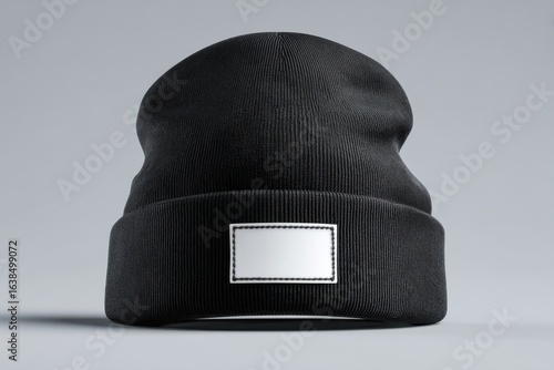 A stylish black beanie mockup hat with a blank white label isolated on a plain background, perfect for adding your brand logo.