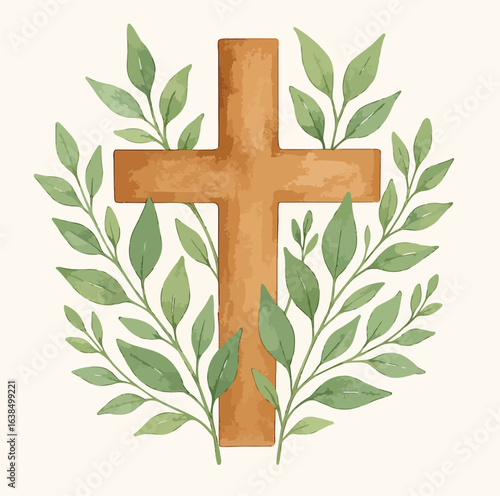 Wooden Christian Cross with Green Leaves, Watercolor Religious Symbol for Faith, Spirituality, and Easter, Botanical Church Decor Illustration for Worship and Inspirational Designs

