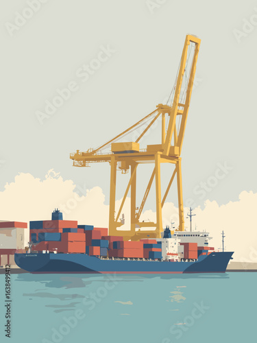 Felixstowe – Container port cranes and seafront promenade in crane yellow, ship hull blue, promenade beige, and sky gray