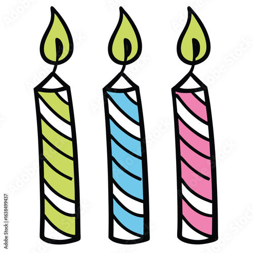 Three colorful striped candles with bright green flames stand against a white background