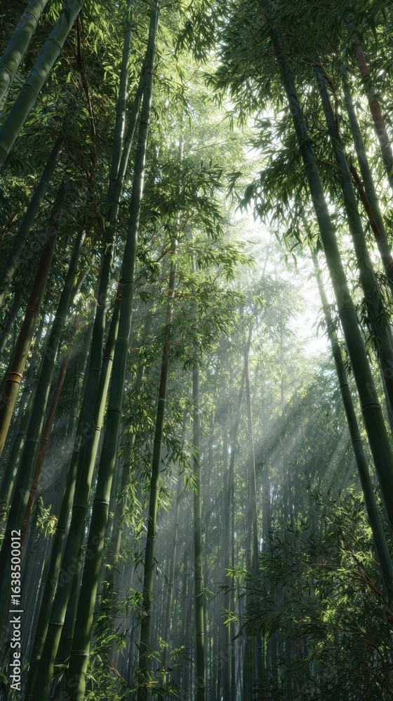 Naklejka premium Sunlight filtering bamboo forest; tranquil scene. Possible use Nature wallpaper