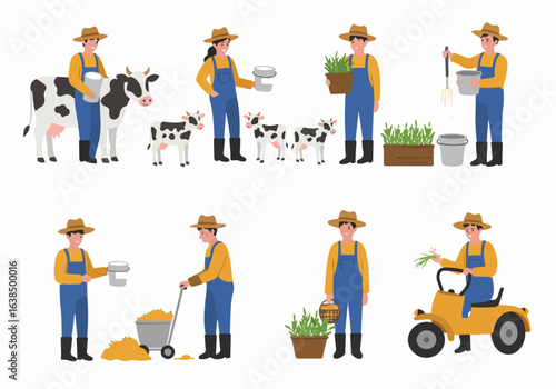Cartoon Farmers on a Dairy Farm: A Set of Illustrations Depicting Agricultural Activities with Cows, Calves, and Farming Tasks.