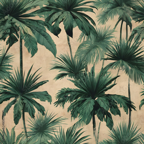 Tropical Palm Illustration on Vintage Beige Background