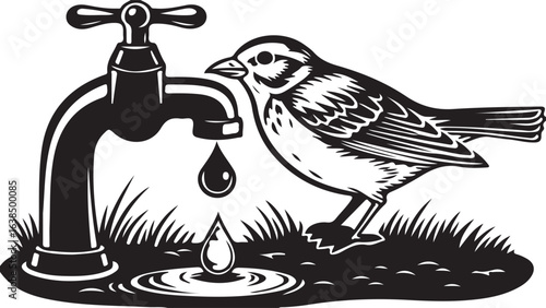 Water drop from leaking plumbing pipe into a sink with a silhouette of a bird on a wire