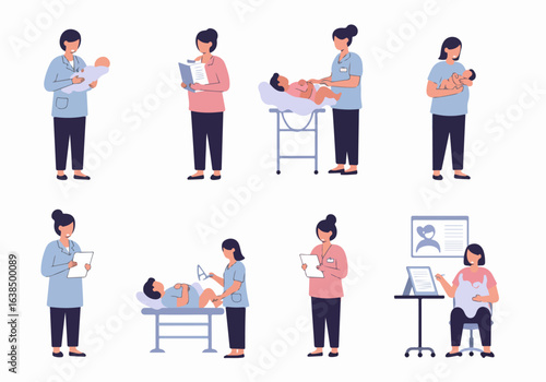 Comprehensive Maternity and Newborn Care: Illustrations of Healthcare Professionals and Pregnant Women in various Medical Settings.