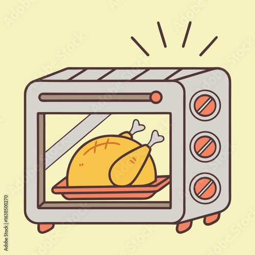 Cartoon oven bakes a golden turkey on a red tray inside its interior